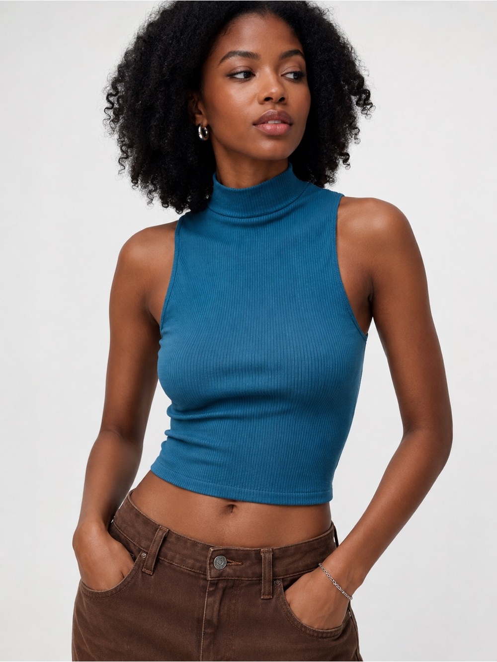 ZARA Seamless Ribbed High Neck Crop Top – Size XS | Blue